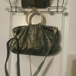 HOBO Shimmering Green Clutch with Gold Ring Handles
